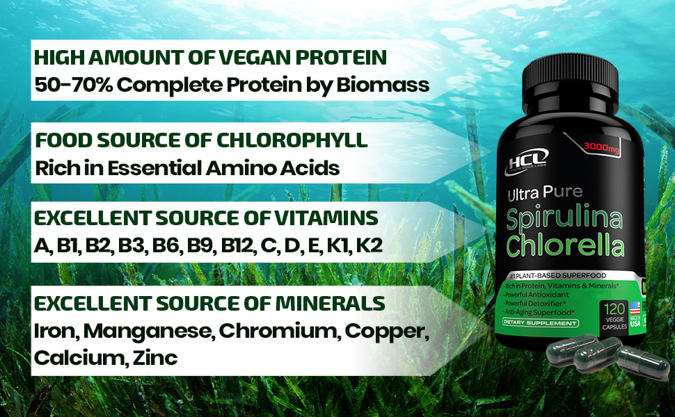 Chlorella spirulina superfood organic powder chlorophyll pills capsules