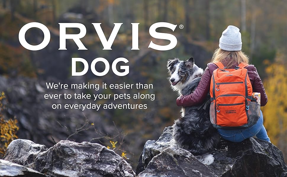 dog sitting with woman on rock