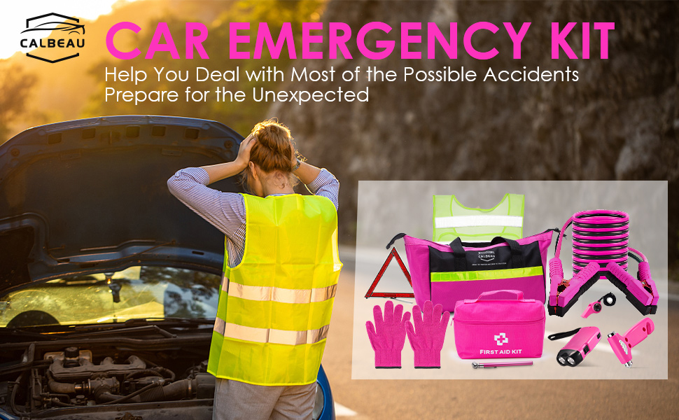 CALBEAU Car Emergency Kit for Women, Pink Emergency