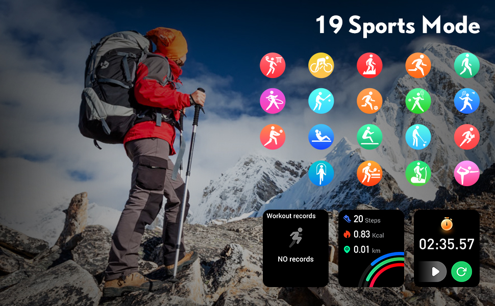 19 sports modes and stopwatch timing