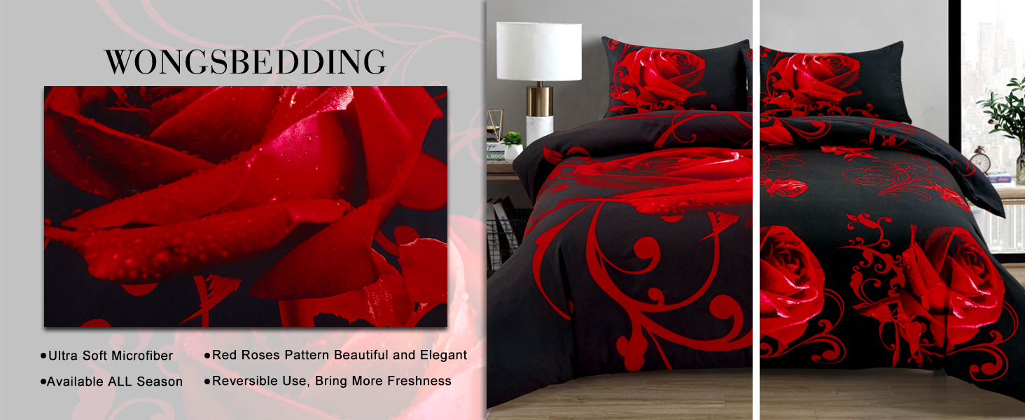 Red Duvet Cover King Size Reversible Rose Bedding Duvet
