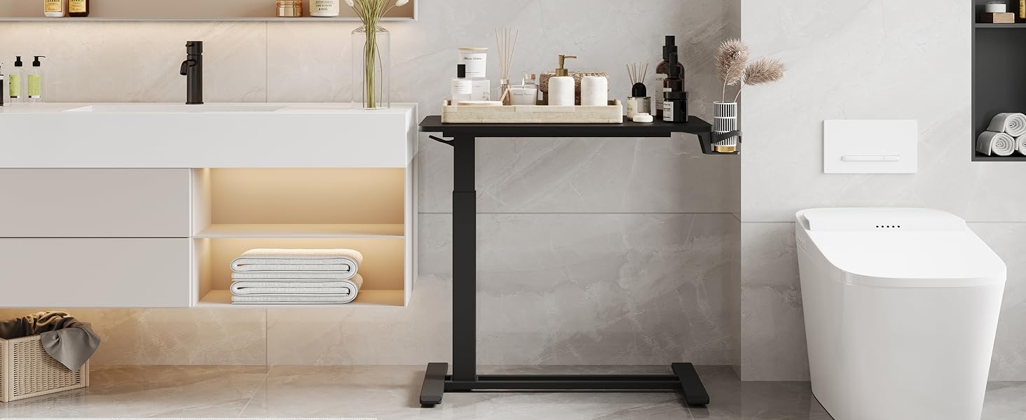 mobile standing desk overbed table IN THE BATHROOM