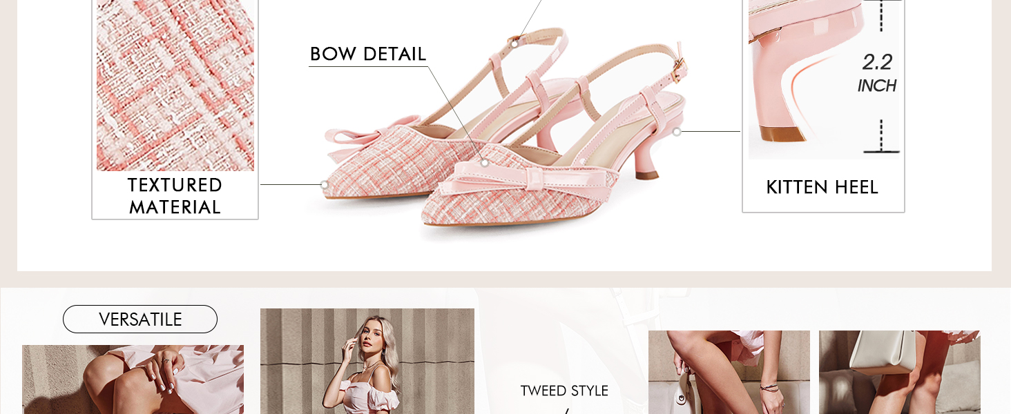 Womens Slingback Low Kitten Heels Tweed Closed Pointed Toe Bow Pumps Party Wedding Dress Shoes