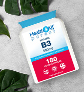 Bottle of vitamin B3 supplements. Label shows 180 tablets, 500mg per serving. White bottle with blue and pink label. Green leaves in background.