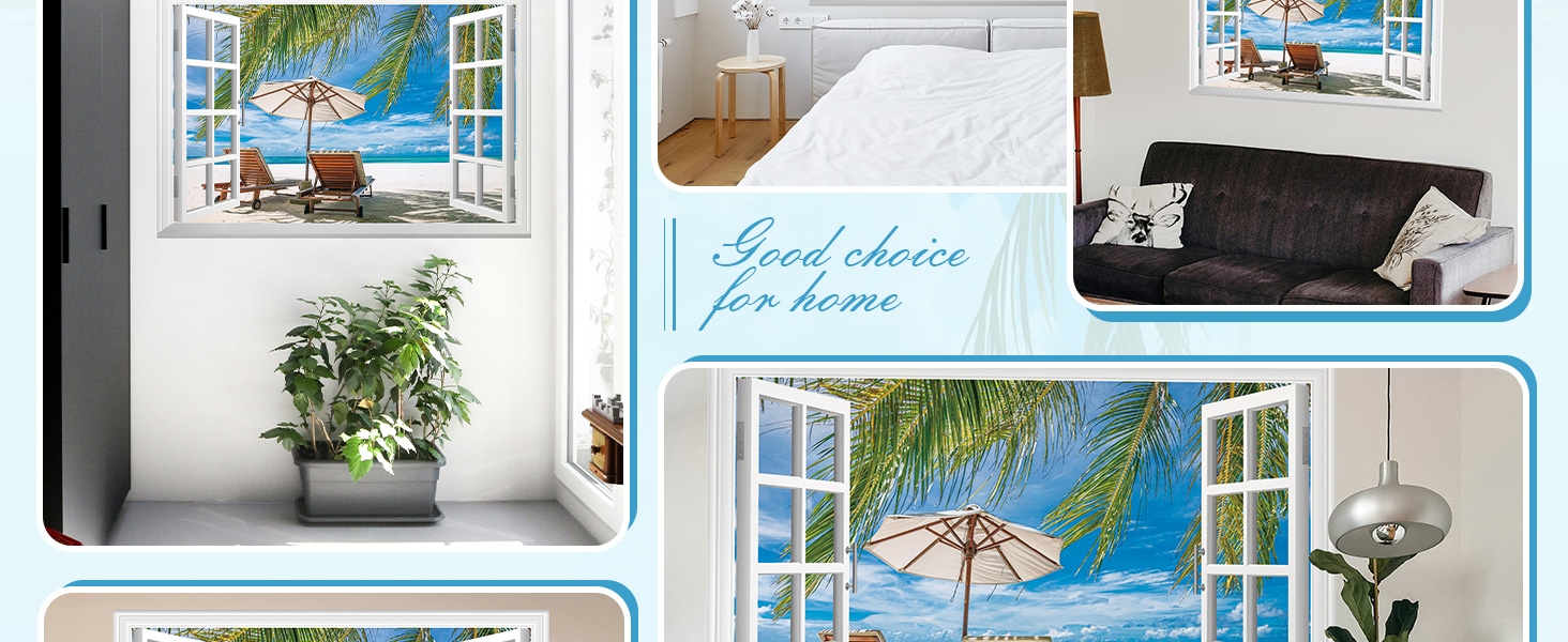 FLFK Fake Window Wall Decal Ocean Beach Faux Window Wall