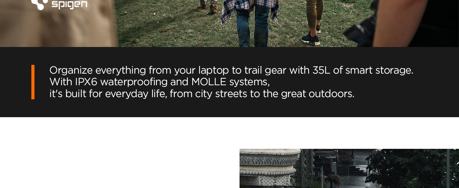 Black rectangular device with orange accents, likely for outdoor gear storage. Text indicates 35L capacity, waterproof design, and compatibility with MOLLE systems for versatile use.