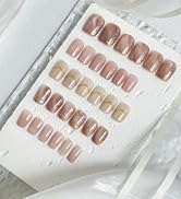 30PCS Handmade Press on Nails – Short Square Nude Smoky Marble with Gold Foil, No Size Measuring ...