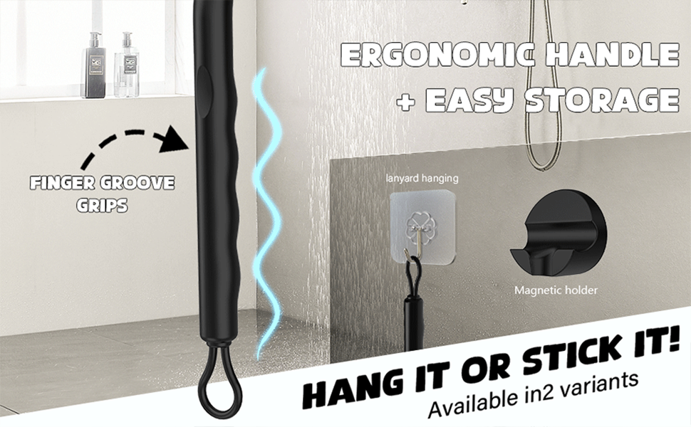 Schwarzes Handgerät mit ergonomischem Griff und Griffmulde. Bietet einfache Aufbewahrungsmöglichkeiten: Schlüsselband zum Aufhängen und Magnethalter. Der Text lautet: „HÄNGEN SIE ES AUF ODER KLEBEN SIE ES AUF! In 2 Varianten erhältlich“.