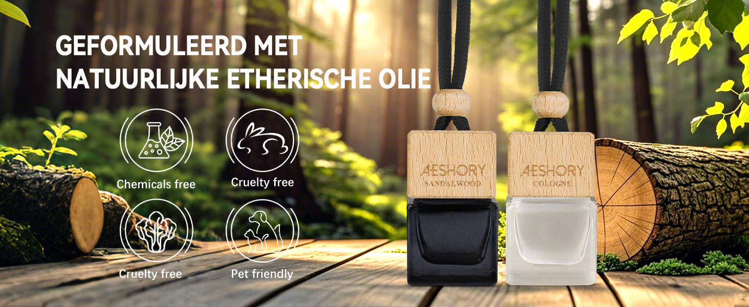 Luchtverfrissers voor auto's met houten doppen en stoffen houders. Het product bevat natuurlijke etherische oliën, vrij van chemicaliën, dierproefvrije, milieuvriendelijke en huisdiervriendelijke eigenschappen, weergegeven in
