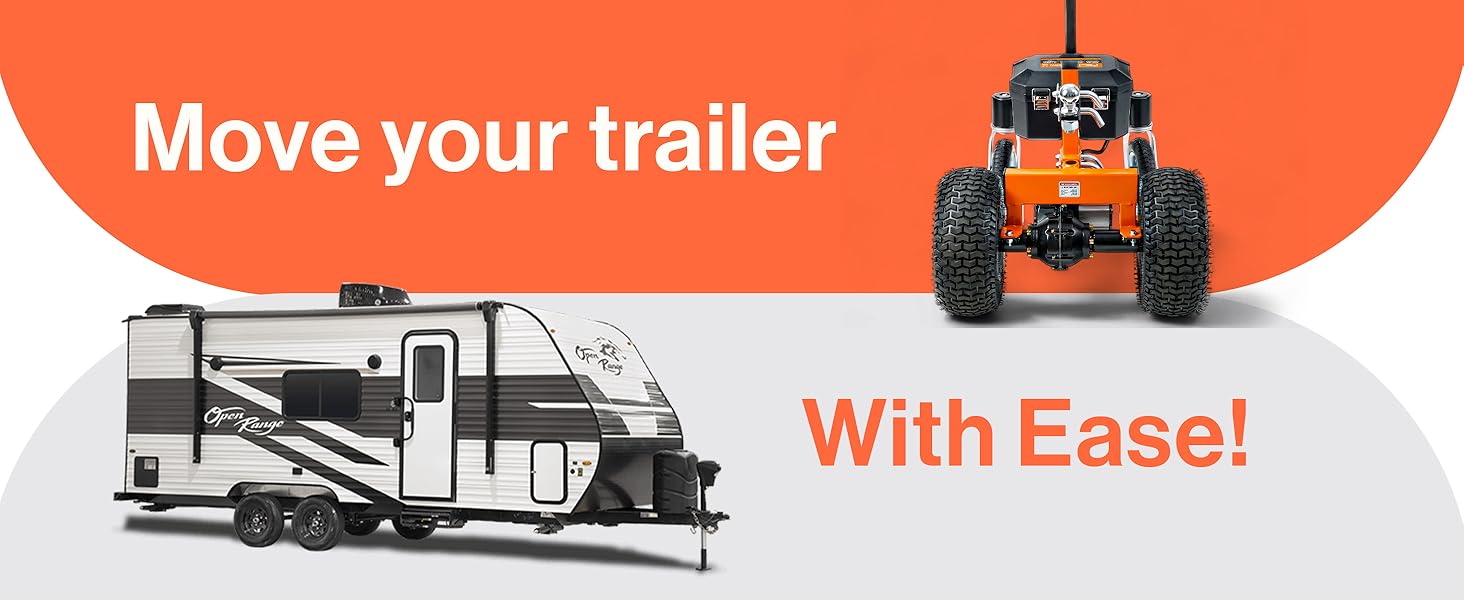 Text reads 'Move your trailer With Ease!' Technical diagram or illustration showing trailer hitching system with wire frame design elements.