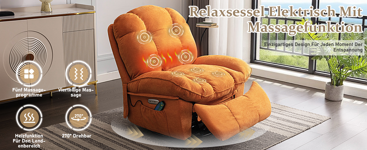 Orangefarbene Lehnmöbel, die in mehreren Positionen auf einem Holzdeck oder einer Terrasse abgebildet sind und verschiedene Liegepositionen und -merkmale demonstrieren.