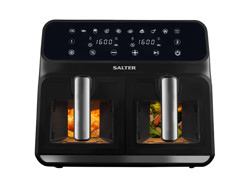 Salter EK5196GW Dual Air Fryer - Clear Viewing Windows, Dual-View Pro, Healthy Fried Foods, Large 2 Drawer Easy Clean Baskets, 10 Cooking Functions, Family Size, Touch Display, 7.6L Capacity, 1700W 16 1