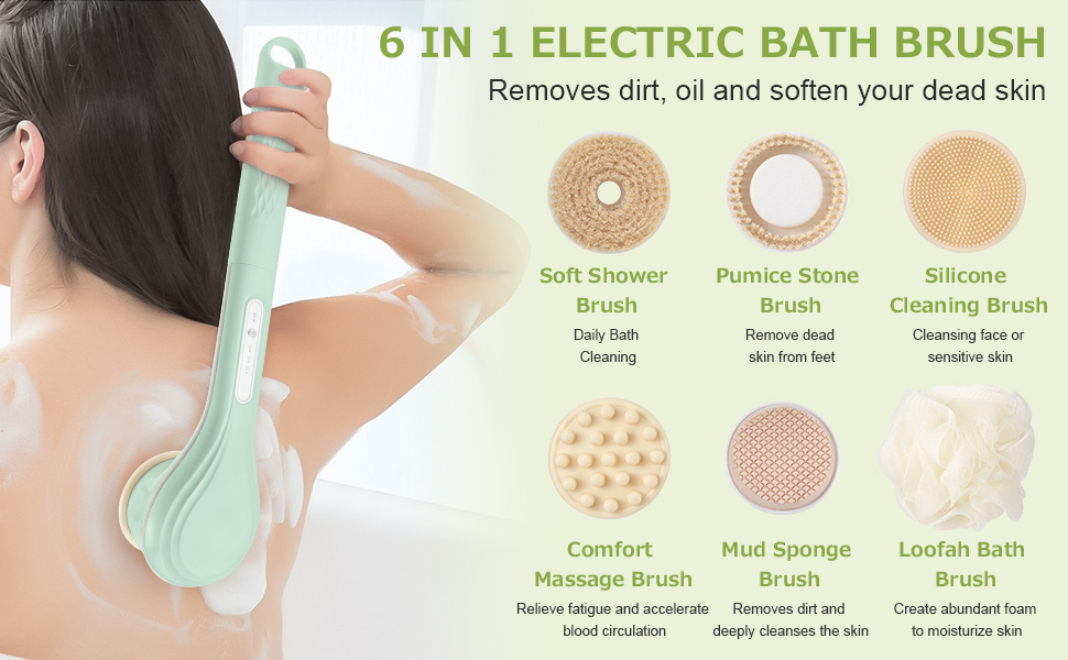 LINGSFIRE Electric Body Bath Brush, Rechargeable Back Scrubber for Shower, Long