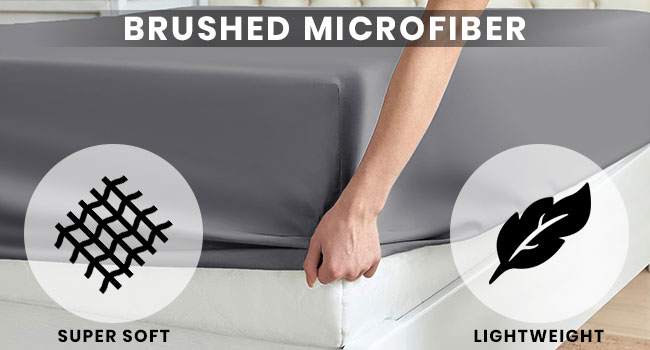 Brushed microfiber fabric demonstration. Two icons show 'Super Soft' and 'Lightweight' properties. Hand pressing on gray surface illustrates texture.