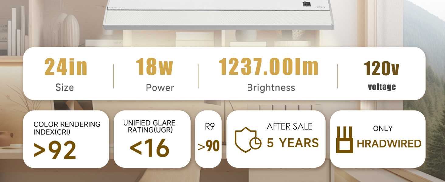 Ansen Hardwired Under Cabinet Lighting, 24in 18W LED Light for Kitchen/Closet, CRI>92, R9>90, 3CCT