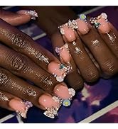 IMRAIN Duck Ombre Press on Nails - Gel Medium Fake Nails with Nail Glue, Rhinestone Flower French...