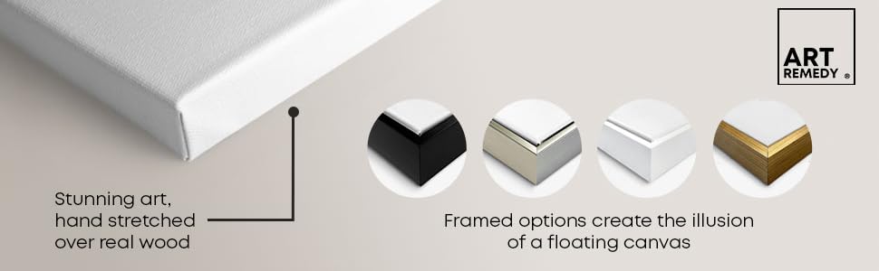 Black, Silver, White, and Gold framed options create the illusion of a floating canvas