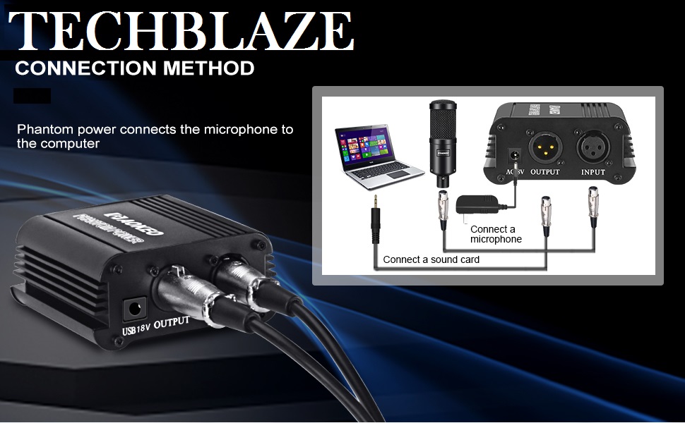 TECHBLAZE 48V Audio Interface Phantom Power Supply for Condenser Microphone & Sound Card with