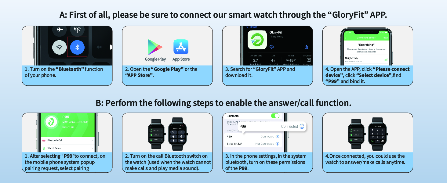 Instructions for connecting and setting up a smartwatch. Steps include downloading an app and enabling various functions through the watch interface.