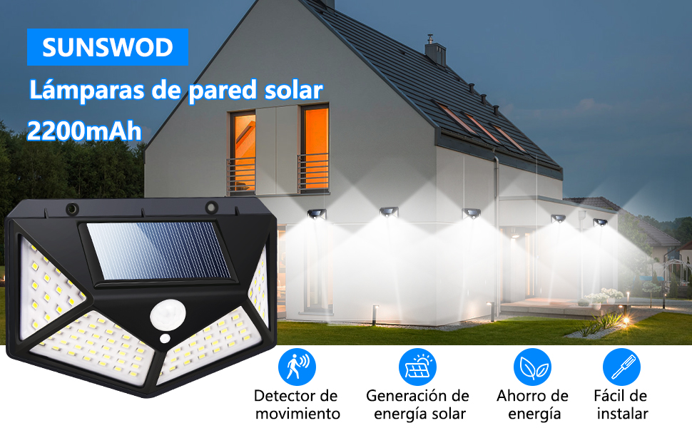 4PCS Lamparas Solares Externas con 100 LED Luces, SUNSWOD LED Solares