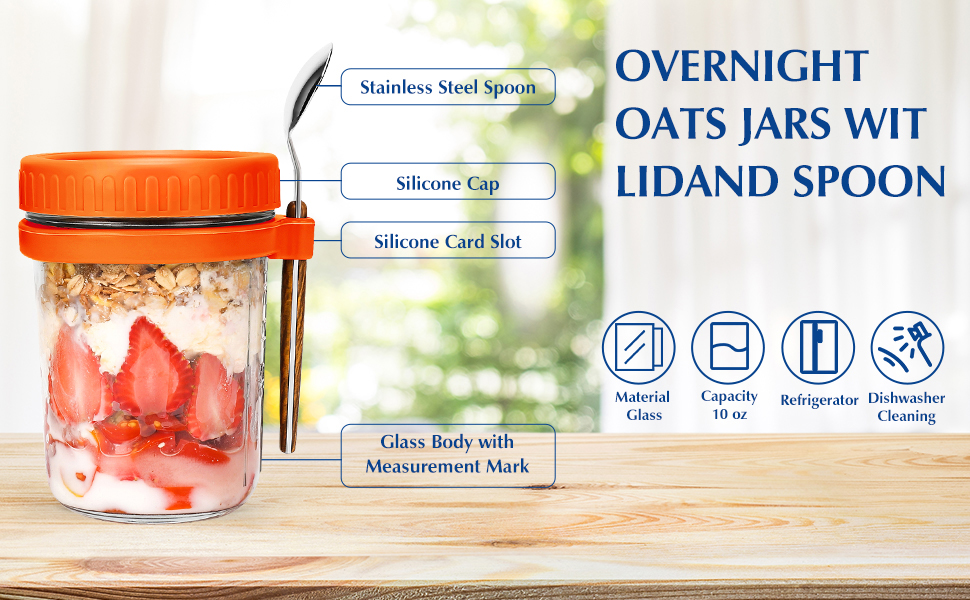 overnight oat jar with lid and spoon Glass Mason Overnight Oats Jars