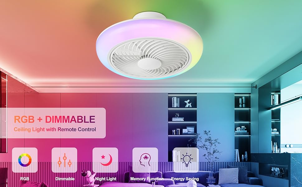 POWROL Ceiling Fan with Lights RGB Stepless Dimming Light 3 Color Low Profile Ceiling Fan with