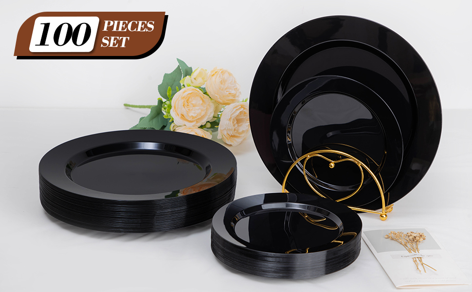 Bestluck 100PCS Black Plastic Plates, Heavy Duty Disposable