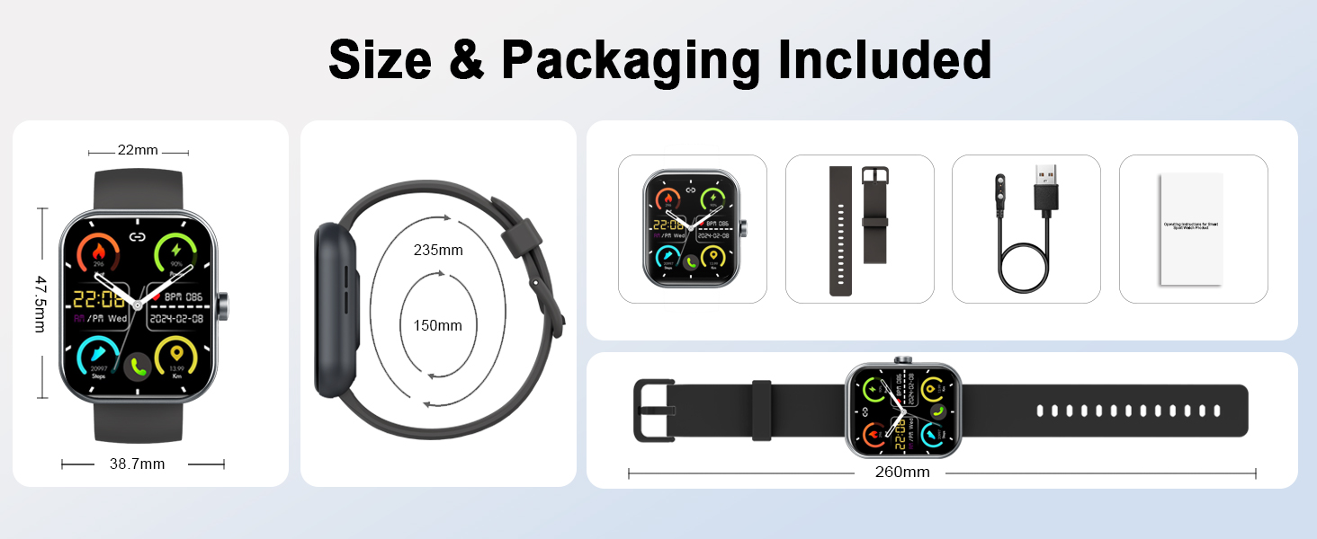 Text reads 'Size & Packaging Included'. Technical product diagrams showing dimensions and specifications of what appears to be a smartwatch or similar device.