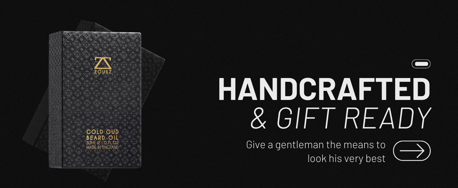 Black textured box with gold embossed logo. Text reads 'HANDCRAFTED & GIFT READY' with arrow icon, suggesting a premium gift item.