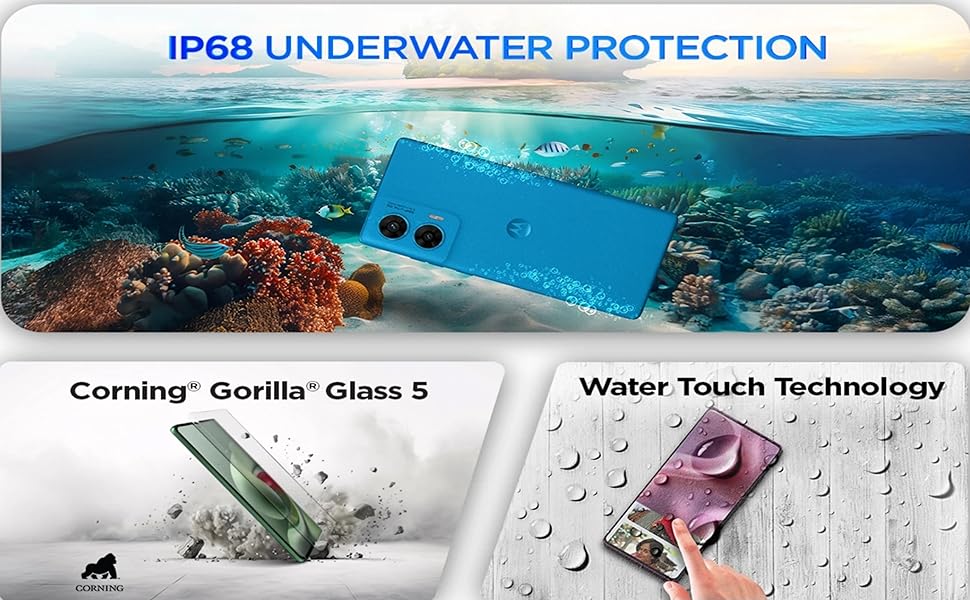Motorola phone with IP68 underwater protection, Gorilla Glass 5, and water touch technology