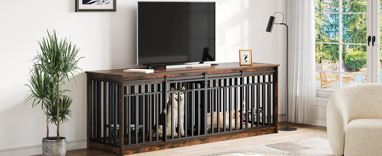 DWVO 86.6" Double Dog Crate Furniture for 2 Large Dogs