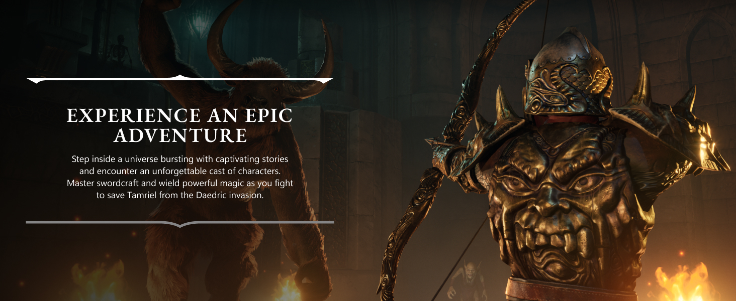 Text reads 'EXPERIENCE AN EPIC'. Dark atmospheric promotional images featuring dramatic fire effects and atmospheric lighting.
