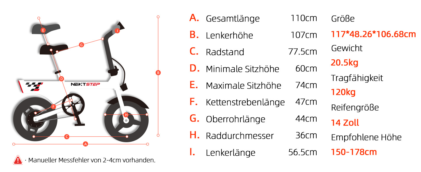 Technisches Spezifikationsdiagramm eines Fahrrads mit mehreren Abmessungen, darunter Gesamtlänge 100 cm, Lenkerhöhe 80 cm, Radstand 77,2 cm und andere detaillierte Abmessungen.