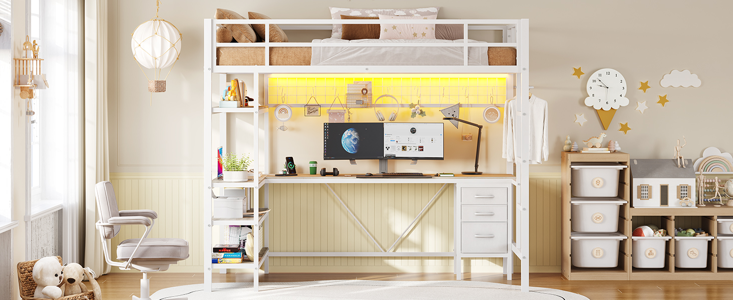 Loft Bed Twin Size with LShaped Desk and Storage Shelves