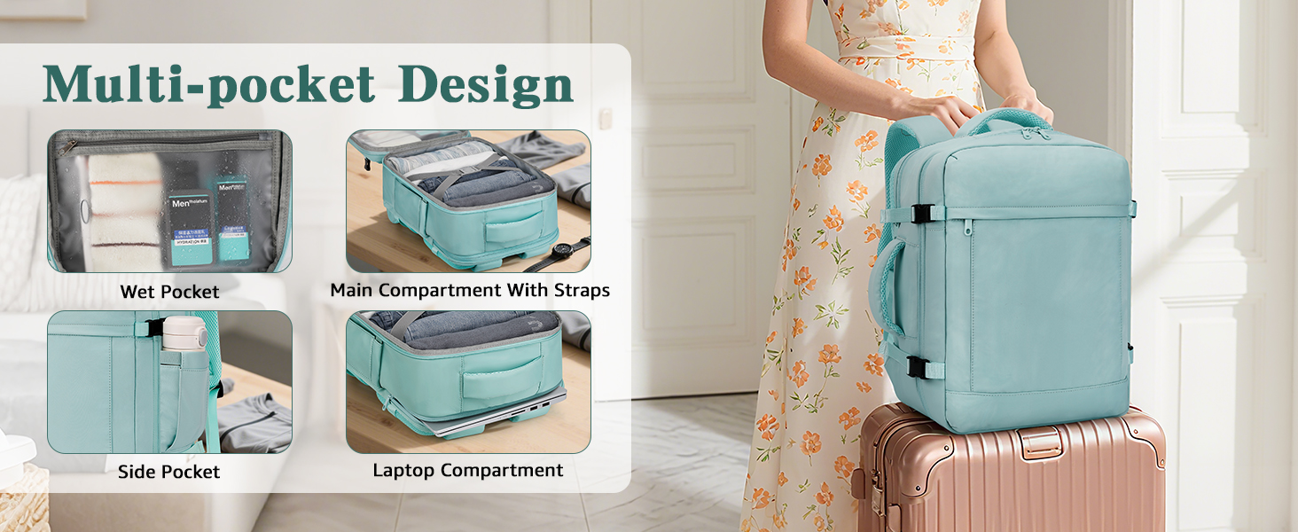Text reads 'Multi-pocket Design'. Series of images showing a mint green bag with multiple compartments and pockets being demonstrated from different angles.