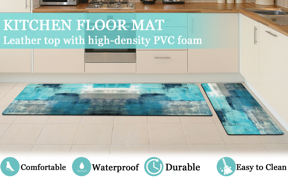 AILUER Turquoise and Grey Kitchen Rugs and Mats Set 2 Piece