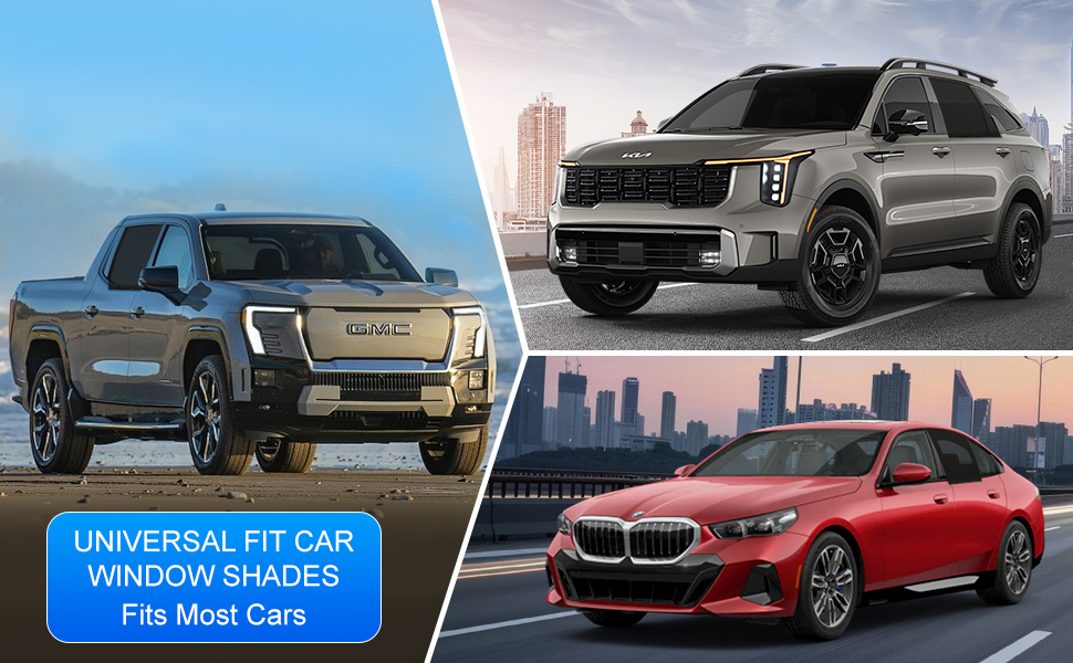 Composite image of three vehicles: a silver pickup truck, a gray SUV, and a red sedan. Text overlay reads 'UNIVERSAL FIT CAR WINDOW SHADES Fits Most Cars'.