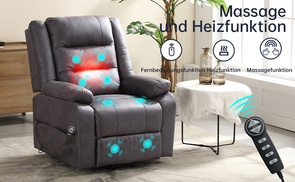 Grauer Relaxsessel mit Massage- und Heizfunktion. Fernbedienung sichtbar. Die Symbole stehen f&uuml;r die Funktionen Fernbedienung, Relaxfunktion und Massagefunktion