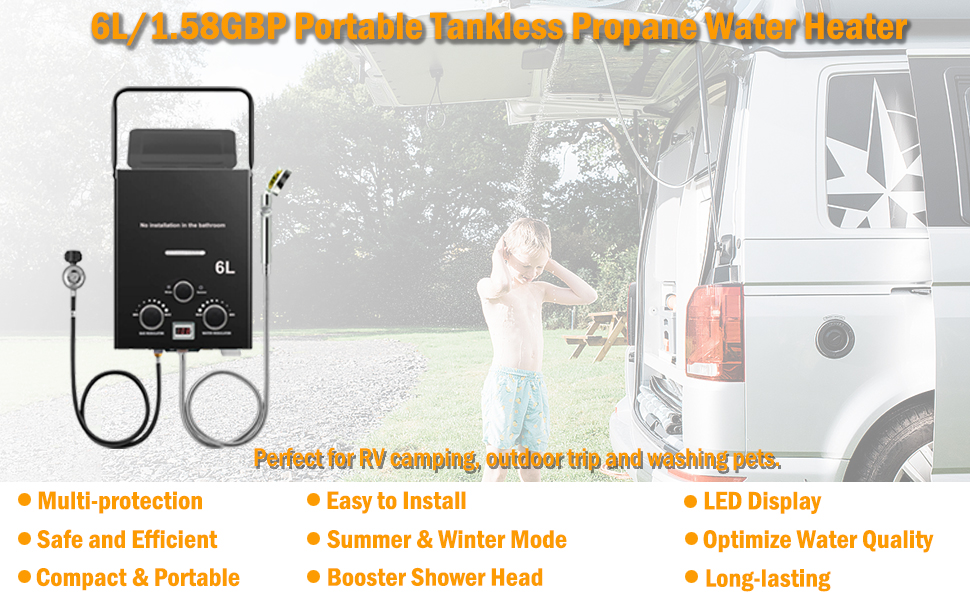 BINGENUO Portable Tankless Propane Water Heater for RV Camper 1.58GPM