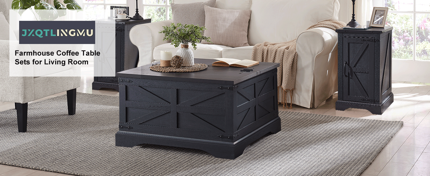 JXQTLINGMU Farmhouse Coffee Table, Square Wood Center Table