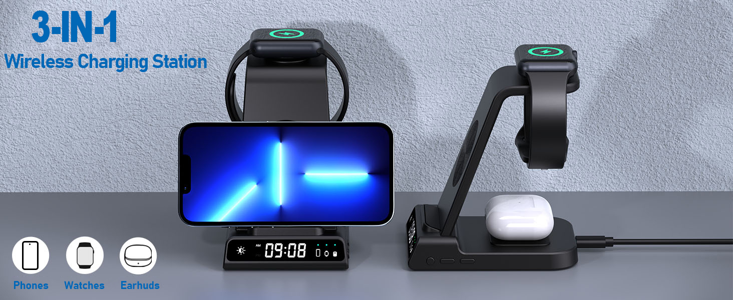 Wireless Charging Station, YiJYi 3 in 1 Watch Charger Stand with Digital Clock Suitable for iWatch