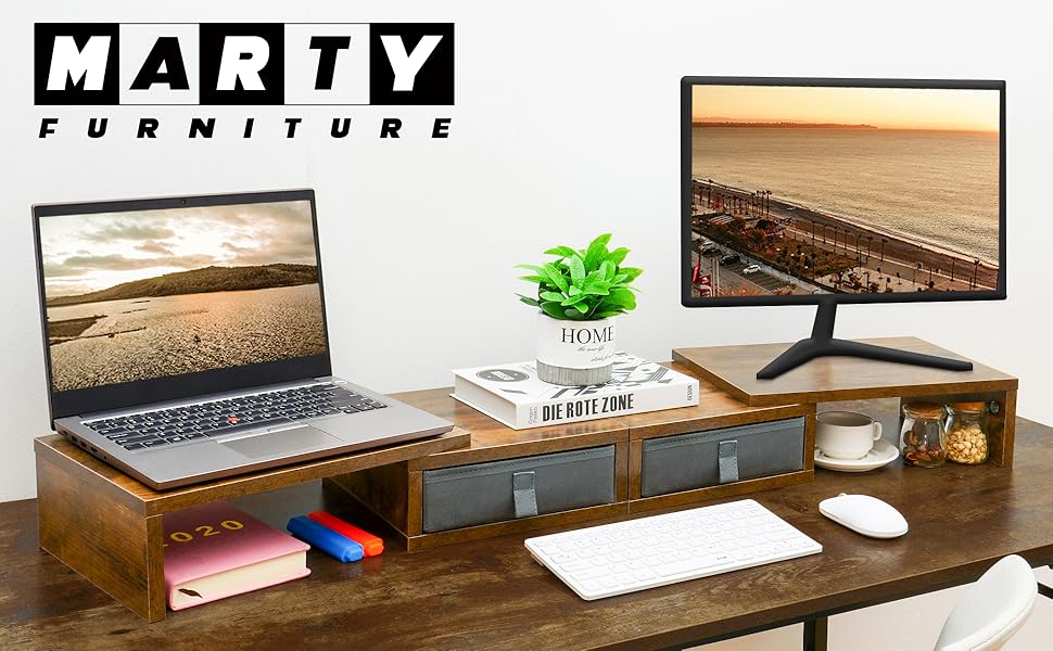 MARTY Dual Monitor Stand Riser with 2 Drawers Length Angle
