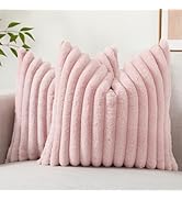 decorUhome Faux Fur Throw Pillow Covers 18x18 Set of 2, Decorative Soft Plush Striped Couch Pillo...