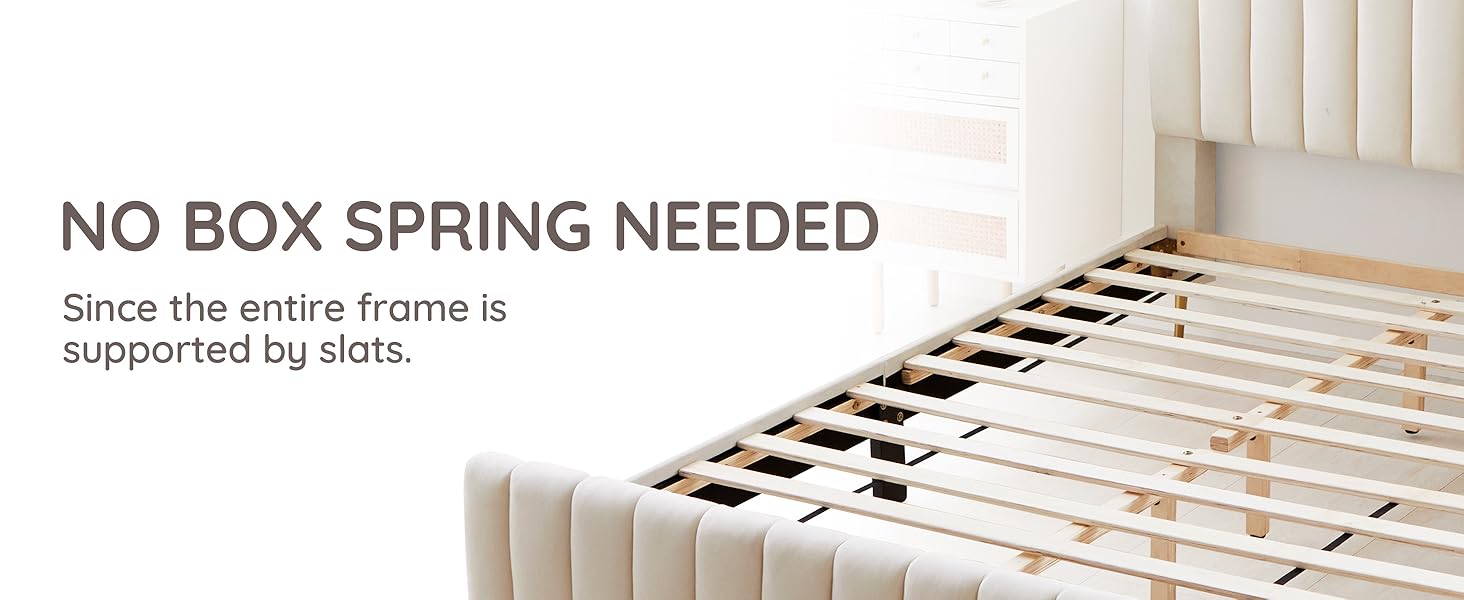 Bed Frame Velvet Fabric Upholstered Footboard strong wood slats