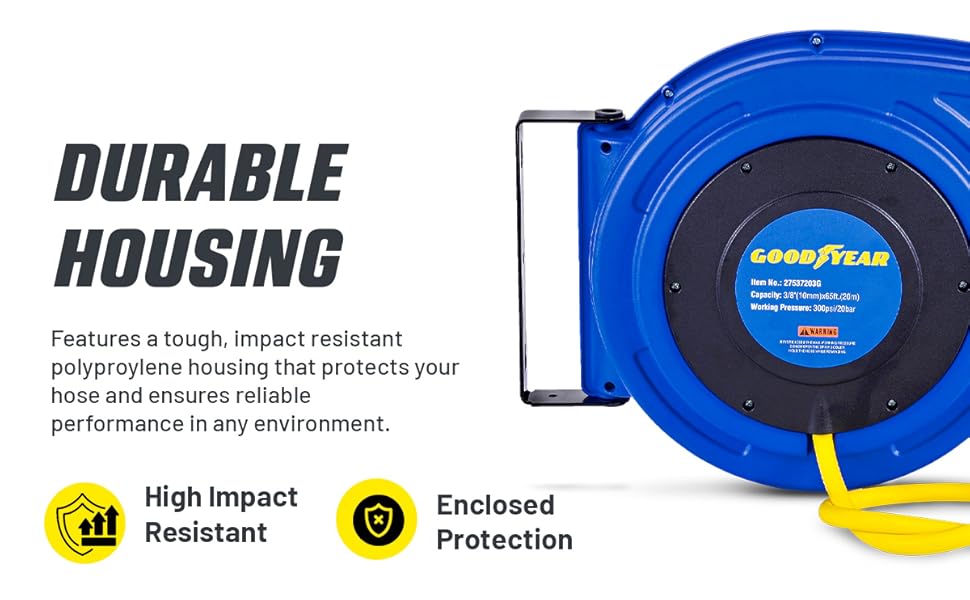 Text reads 'DURABLE HOUSING', 'High Impact Resistant', 'Enclosed Protection'. Product feature diagram showing blue and yellow protective housing components.