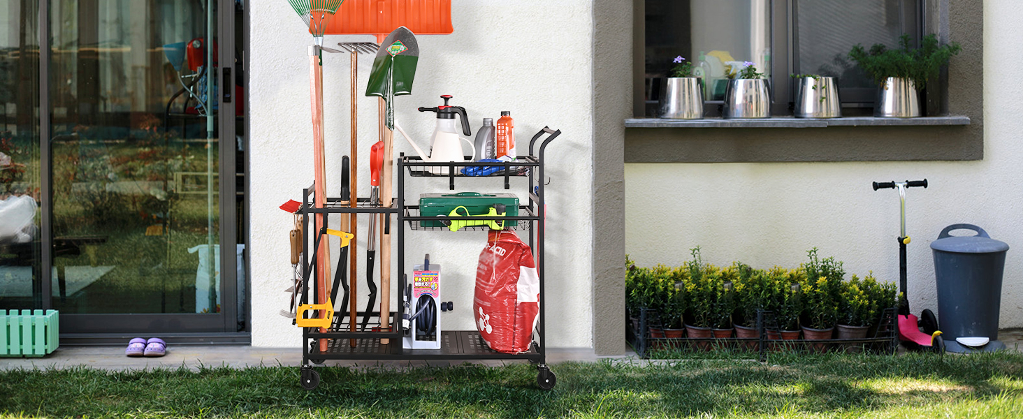 PLKOW Garden Tool Organizer with Wheels, Garden Tool Rack