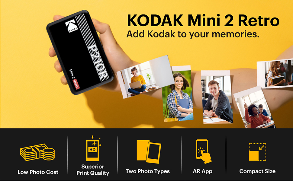 KODAK Mini 2 Retro Portable Photo Printer, 2.1x3.4” White, Compatible