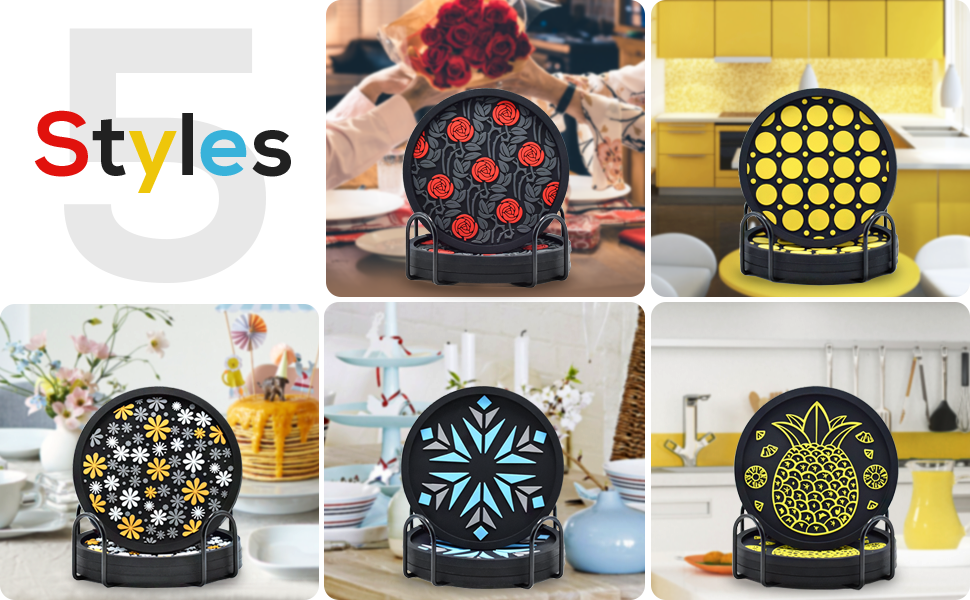 KRYDRUFI Silicone Coasters Set of 6 with Holder, Including