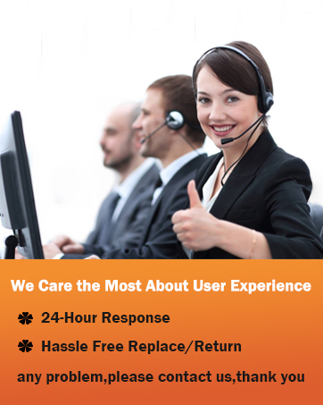 Customer service representatives in an office setting. Orange banner with text: '24-Hour Response' and 'Hassle Free Replace/Return'.