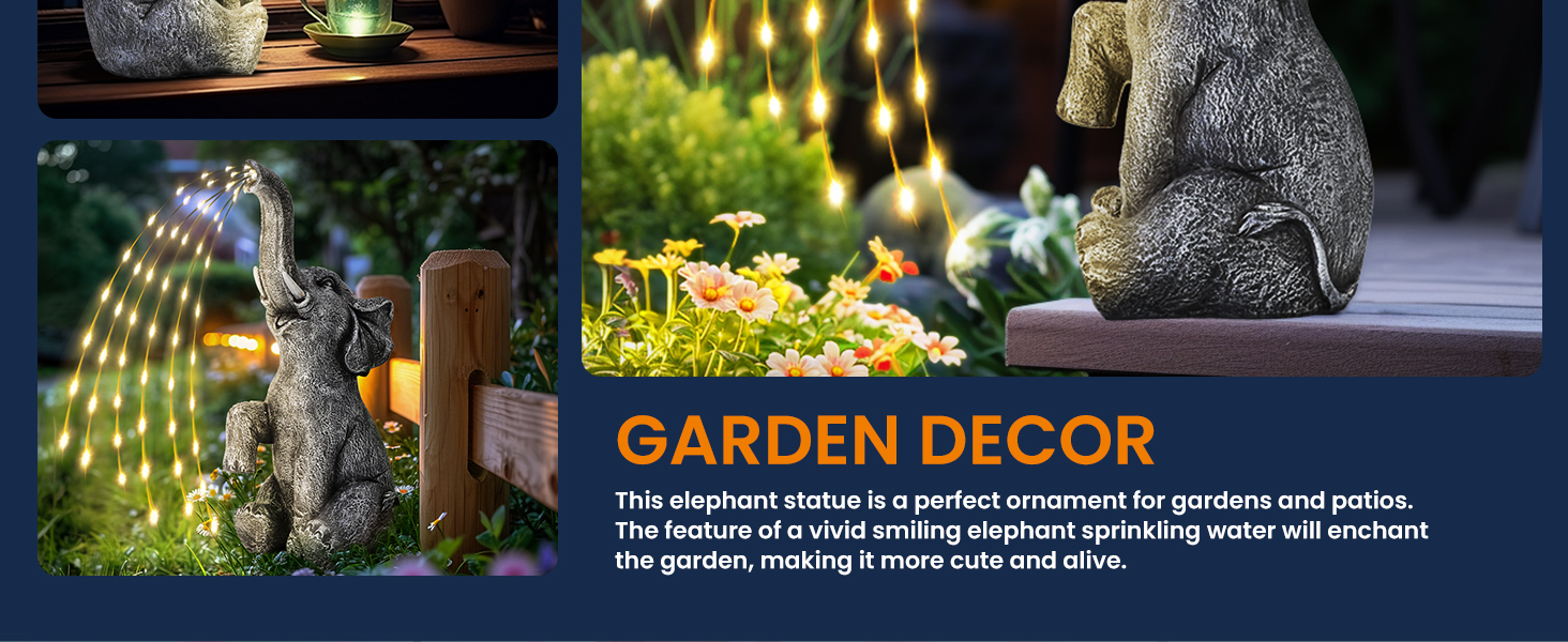 Text reads 'GARDEN DECOR'. Three outdoor garden scenes showing stone pathways, plants, and decorative lighting in evening/night settings.